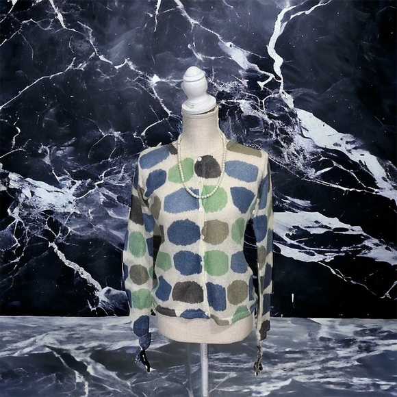 Brodiaea Women Cream & Colorful Smears 7 Button Cardigan Sweater Sz M Mohair NWT - Picture 1 of 13